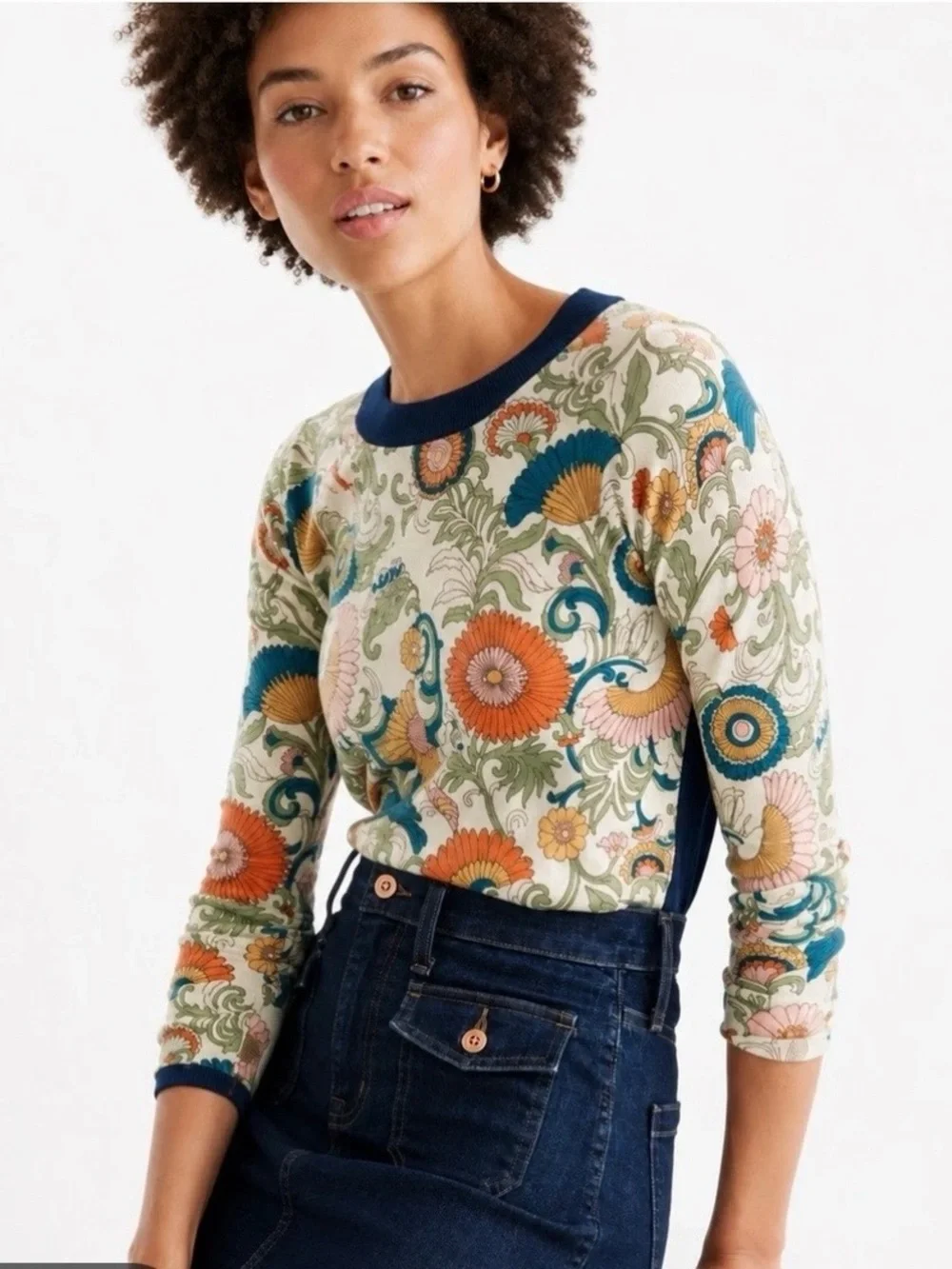J.Crew 100% Merino Wool Floral Print Crewneck Sweater Top Size M